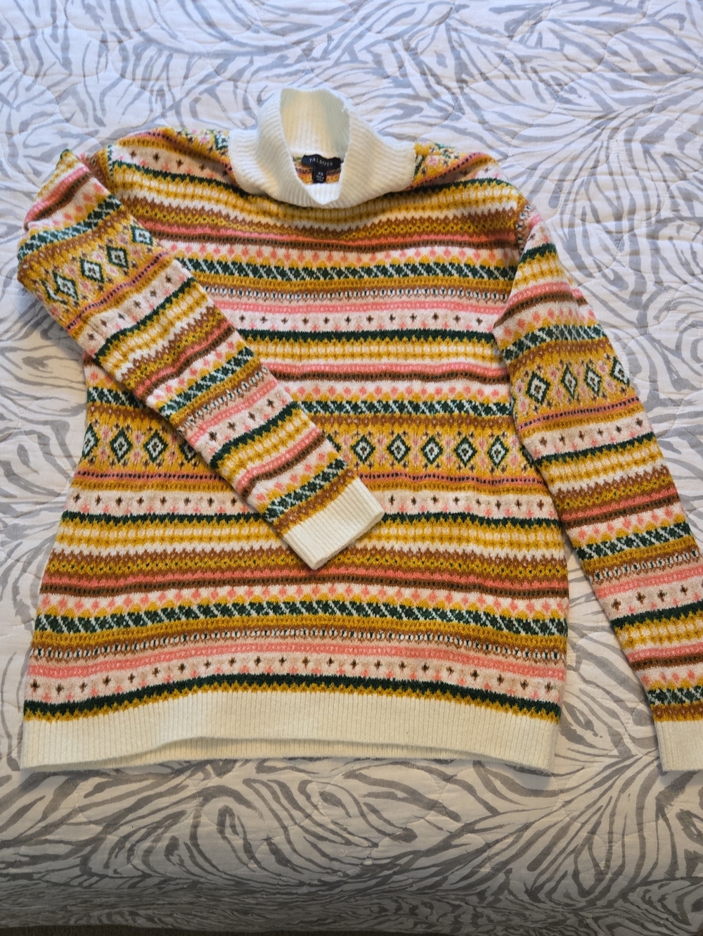 Talbots Women Cream Turtleneck Sweater with Yellow, Pink & Green Fair Isle XS